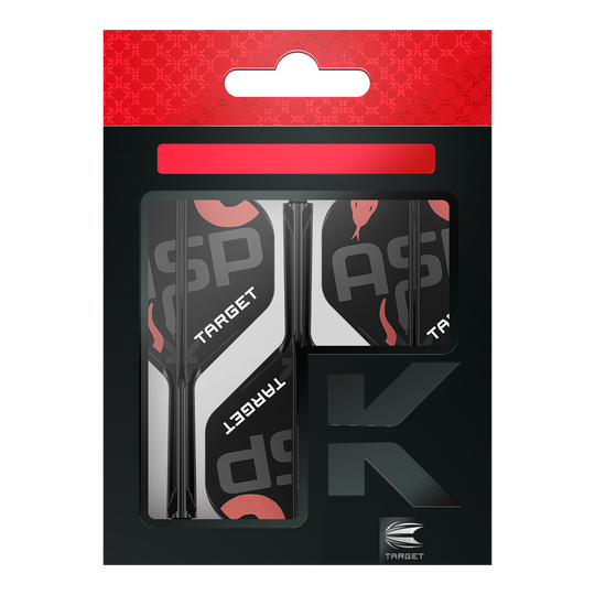 Auf dem Bild ist eine Verpackung mit Dart-Flights und Schäften der Marke Target zu sehen. Die Verpackung ist überwiegend schwarz mit roten und weißen Akzenten gestaltet.