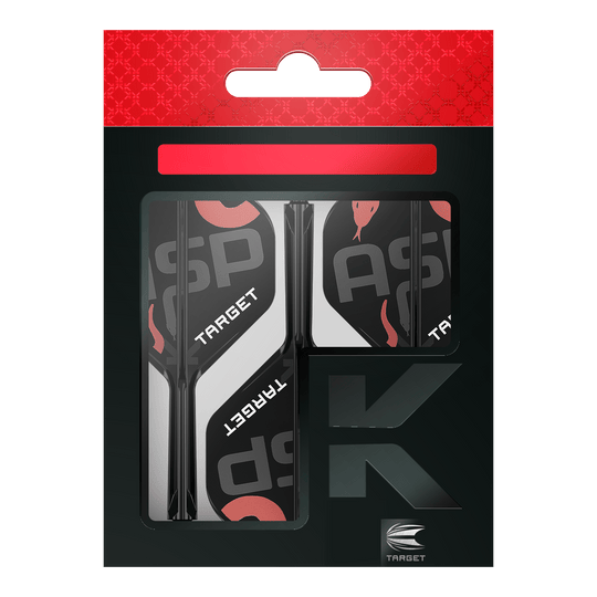 Systém standardních letových hřídelí Target K-Flex Nathan Aspinall No2 Auf dem Bild ist eine Verpackung mit Dart-Flights und Schäften der Marke Target zu sehen. Die Verpackung ist überwiegend schwarz mit roten und weißen Akzenten gestaltet.