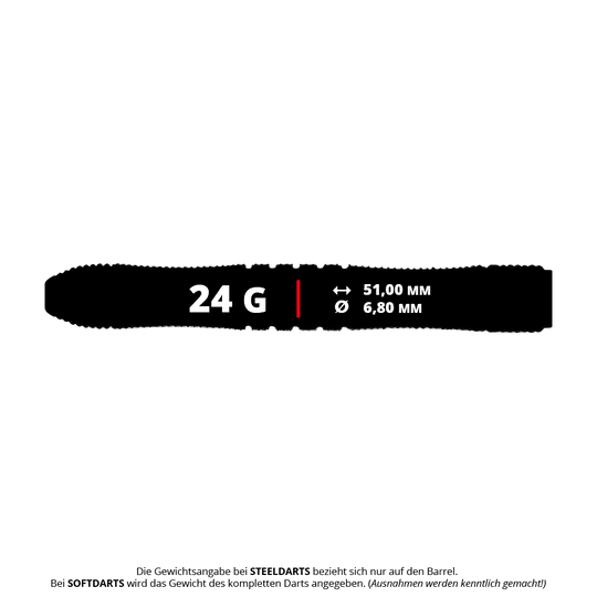 Abgebildet sind McDart Black Ring Steeldart-Barrels mit 24g Gewicht. Die Dart-Barrels haben eine schwarze Ringstruktur für besseren Halt.