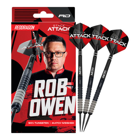 Red Dragon Rob Owen Stack Attack Steeldarts - 22g ist ein Set hochqualitativer Dartpfeile in 22 Gramm. Das Produkt bietet Präzision und ist für Turniere geeignet.