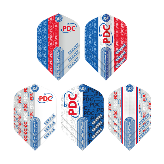 Kolekce Winmau PDC Prism Flight Das Bild zeigt die "Winmau PDC Prism Flight Collection" mit fünf unterschiedlichen Dart-Flights. Die Flights sind in den Farben Blau, Rot und Weiß gehalten und mit den Logos "PDC" und "Winmau" bedruckt.