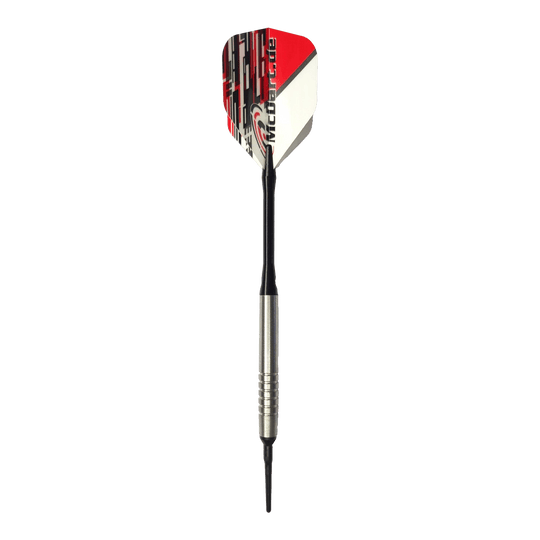 Šipky McDart 85 Tungsten V14 Soft - 17g Das Bild zeigt einen McDart 85er Tungsten V14 Softdart mit einem Gewicht von 17 Gramm. Der Dart hat eine silberne Spitze, einen schwarzen Schaft und eine rot-weiße Flights.
