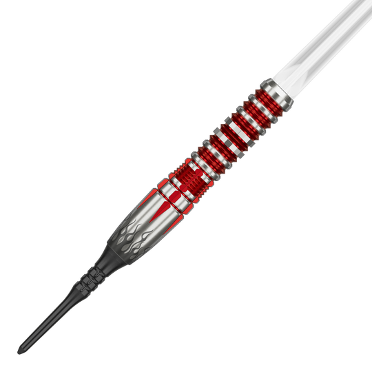 Das Bild zeigt einen stilvollen Softdartpfeil mit silbernen und roten Akzenten. Es handelt sich um das Modell "Target Japan Misumasa Hoshino Pyro GEN10 MAX Softdarts – 19g".