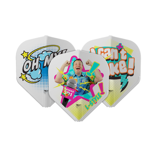 Letky Wayne Mardle typu L-Style Type B L1EZ White Das Bild zeigt drei Dartflights mit bunten, auffälligen Designs und Comic-Schriftzügen. Auf einem Flight ist ein jubelnder Mann abgebildet, während die anderen Sätze wie "OH MY!" und "I can't take!" zeigen.