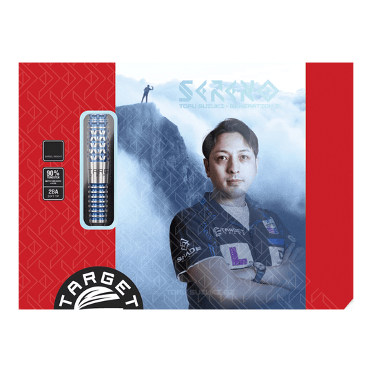 Měkké šipky Target Japan Toru Suzuki Sereno GEN2 - 20g Die Verpackung zeigt das Produkt "Target Japan Toru Suzuki Sereno GEN2 Softdarts - 20g". Auf der Vorderseite ist ein Bild von Toru Suzuki sowie die Darts und Produktinformationen abgebildet.