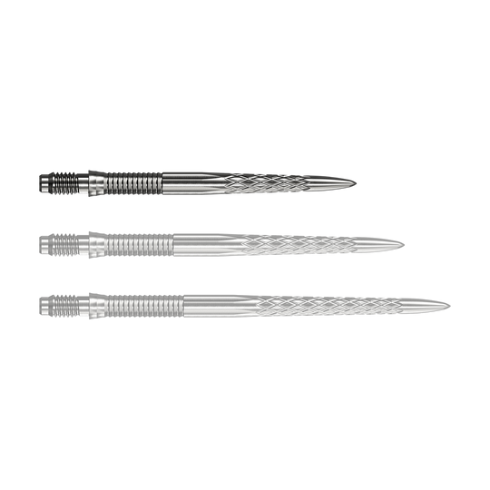 Abgebildet ist eine einzelne Mission R25 Rapid Point DSX Dartspitze in Silber mit 30mm Länge. Sie wird häufig für Präzision und Haltbarkeit beim Dartspielen verwendet.