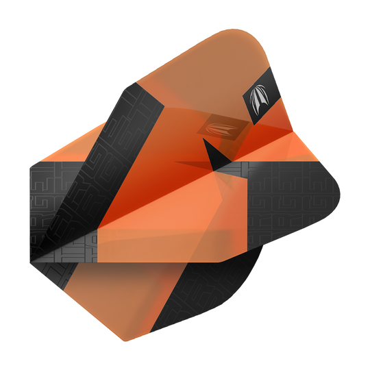 Das Bild zeigt ein orangefarbenes Dart-Flights-Set mit schwarzem Muster. Es handelt sich um das Produkt "Target Pro Ultra TAG Orange No6 Standard Flights - 3 Sets".