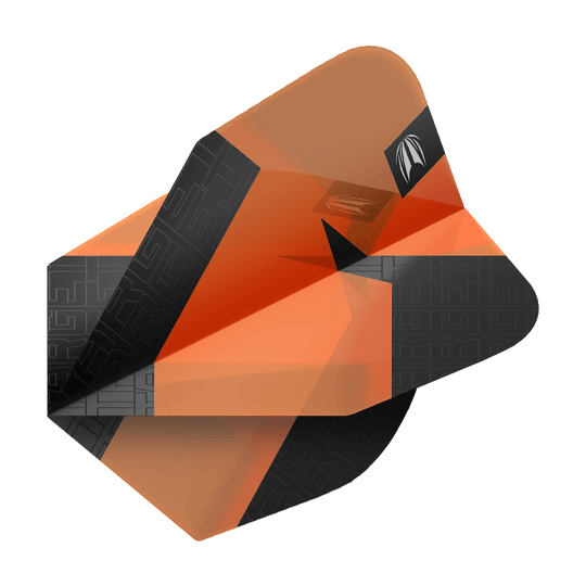 Target Pro Ultra TAG Orange No6 Standardní letky - 3 sady Das Bild zeigt ein orangefarbenes Dart-Flights-Set mit schwarzem Muster. Es handelt sich um das Produkt "Target Pro Ultra TAG Orange No6 Standard Flights - 3 Sets".