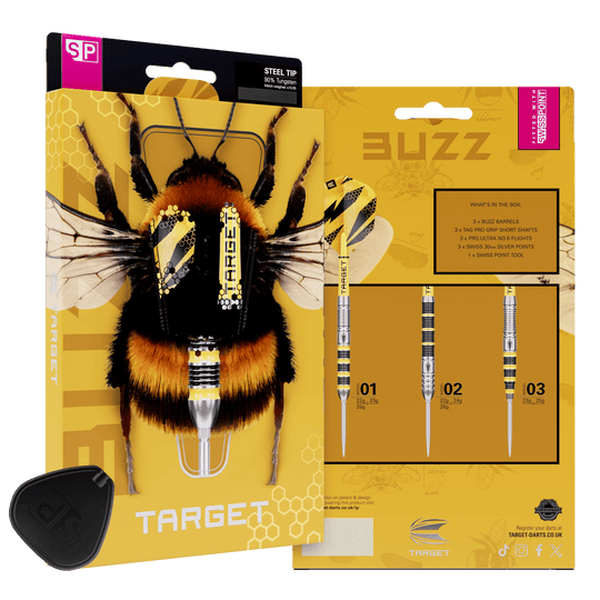 Ocelové šipky Target Buzz 03 Swiss Points Hier sind die Target Buzz 03 Swiss Points Steeldarts abgebildet. Die Steeldarts überzeugen mit hoher Qualität.