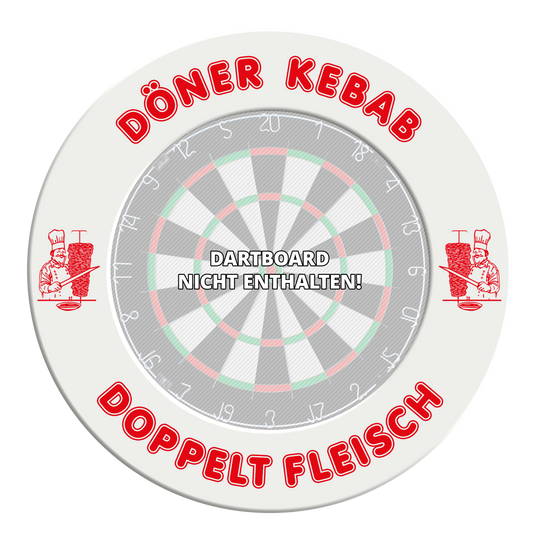 Das Bild zeigt das McDart Dartboard Surround Döner mit personalisierbarem Text. Es handelt sich um einen Schutzring für Dartscheiben.