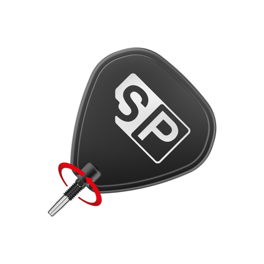 Špičky na šipky Target Swiss Point Chrono - černé Das Bild zeigt eine schwarze Dartspitze mit dem weißen Logo "SP" darauf. Eine rote Pfeilmarkierung deutet eine Drehbewegung zum Anbringen oder Entfernen der Spitze an.
