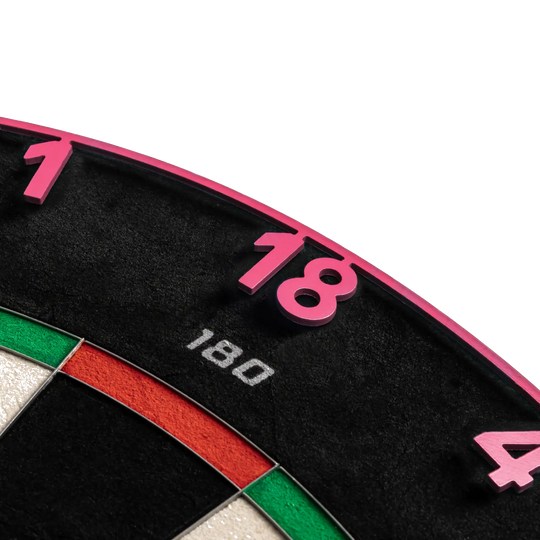 Precise 180 Endorphine Steel Dartboard s číslovaným kroužkem - Cyber Pink Gezeigt wird das Precise 180 Endorphine Steeldartboard mit Nummernring in Cyber Pink. Das Dartboard ist ideal für Turniere oder den Heimgebrauch.
