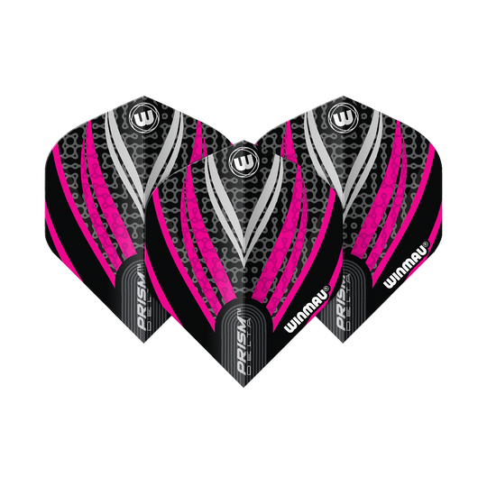 Das Bild zeigt drei Dart-Flights des Modells "Winmau Prism Delta Schwarz Weiß Pink No2 Standard". Die Flights haben ein auffälliges Design in Schwarz, Pink und Weiß mit dem Winmau-Logo.
