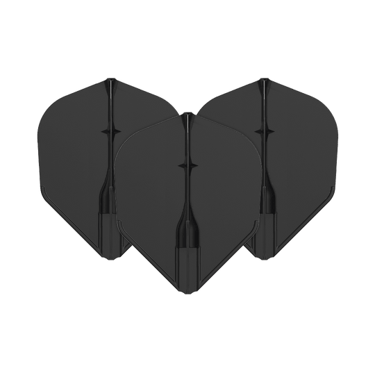 Lety L-L-Style3EZ Auf dem Bild sind drei schwarze Dartflights zu sehen. Sie sind in einer Reihe angeordnet und haben eine klassische Form.