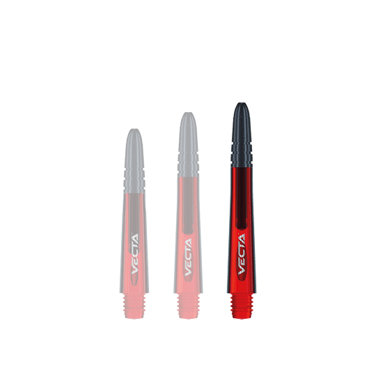 7025-203_Winmau_Vecta_Shafts_Rot_40mm_1 Das Bild zeigt drei rote Winmau Vecta Shafts für Dartpfeile. Sie haben schwarze Spitzen und das Wort "Vecta" ist auf jedem Schaft zu sehen.
