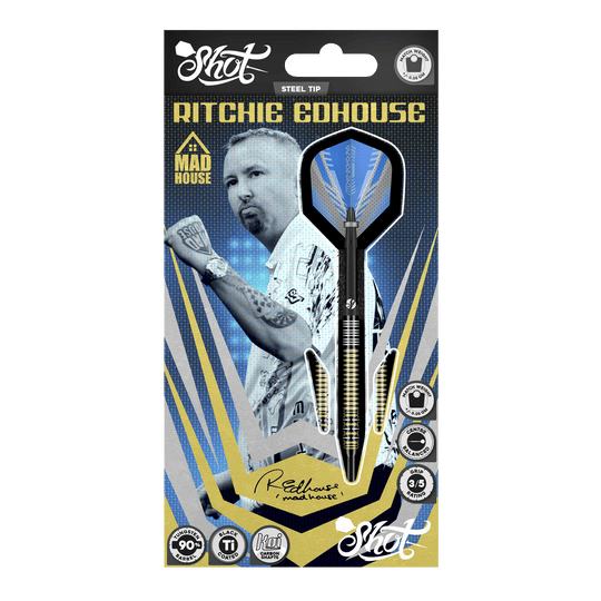 Ocelové šipky Shot Ritchie Edhouse Madhouse Abgebildet sind die Shot Ritchie Edhouse Madhouse Steeldarts. Sie zeigen das markante Design und die hochwertige Verarbeitung der Darts.
