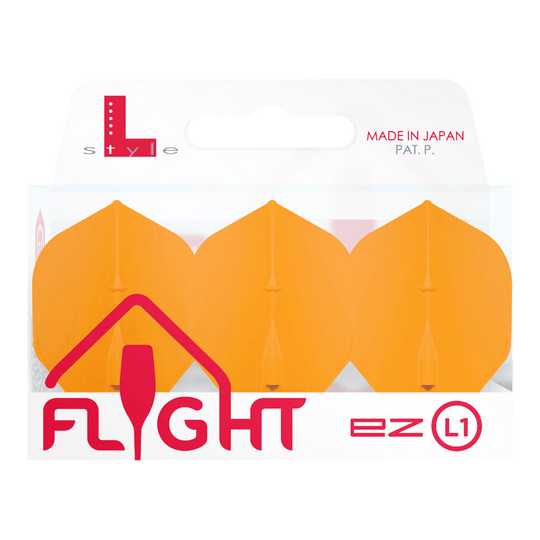 Standardní lety L-Style Champagne L1EZ Das Bild zeigt eine Packung „L-Style Champagne L1EZ Standard Flights“ in Orange. Die Verpackung ist durchsichtig und trägt die Aufschrift „Flight ez L1“.
