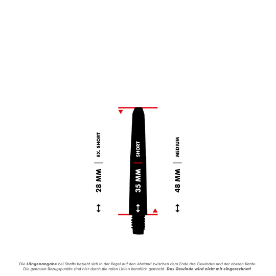 572_Nylon_Shafts_Blau_5_35mm Das Bild zeigt die verschiedenen Längen der Nylon Shafts - Blau, die in Ex-Short (28 mm), Short (35 mm) und Medium (48 mm) erhältlich sind. Die roten Linien markieren die genauen Messpunkte, wobei das Gewinde nicht mit eingerechnet wird.
