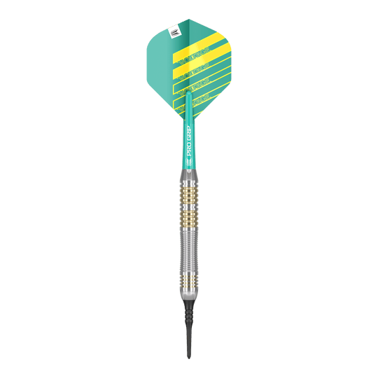 Šipky Target Rob Cross Brass Soft - 18g Das Bild zeigt einen Softdart der Marke "Target Rob Cross Brass Softdarts - 18g". Der Dart hat eine grün-gelbe Flight und einen silber-goldenen Schaft.