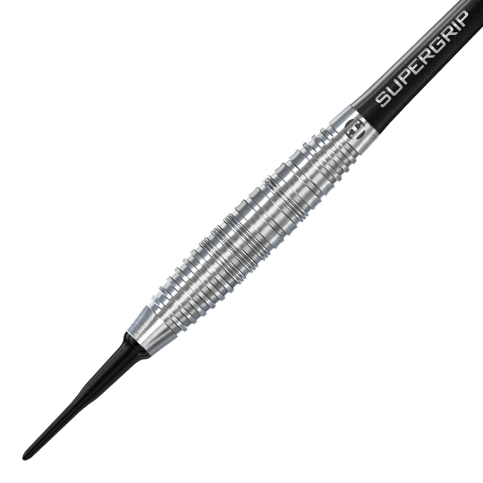 Měkké šipky Harrows NX90 Bomb Das Bild zeigt einen Harrows NX90 Bomb Softdart. Der Dart hat eine silberne, geriffelte Metallspitze und einen schwarzen Schaft mit der Aufschrift "SUPERGRIP".