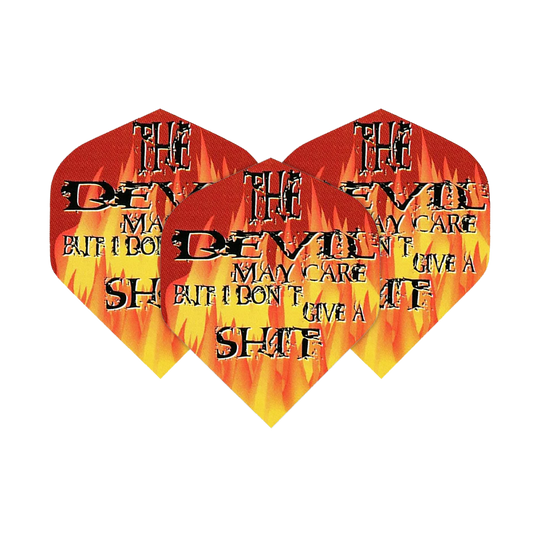 Lety do pětiboje Ďábel se může starat Das Bild zeigt drei Dartflights mit Flammenmuster und auffälligem Schriftzug. Auf den Flights steht: "The Devil may care but I don't give a shit."