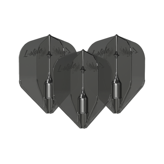 Letky L-Style Fantom L3EZ Čirá Černá Das Bild zeigt drei schwarze, transparente Dart-Flights des Modells "L-Style Fantom L3EZ". Auf den Flights ist der Schriftzug "L-style" zu sehen.