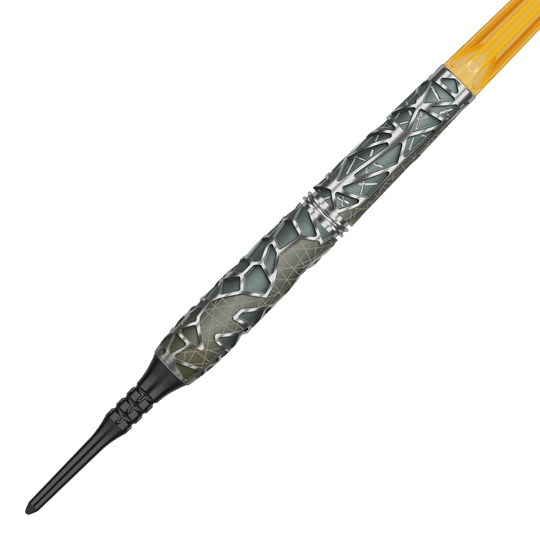 Das Bild zeigt den Target Elysian 10 Limited Edition Softdart mit 20 Gramm Gewicht. Der Dart hat ein auffälliges, modernes Design mit silbernen und grauen Elementen.