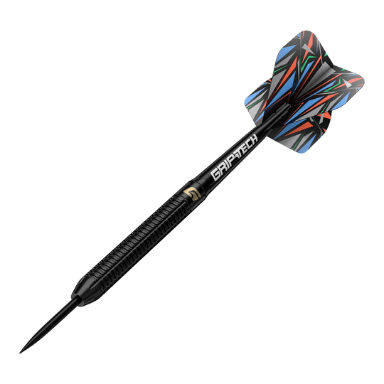 Ocelové šipky GOAT Athlete Black Brass - 13g Dies ist der GOAT Athlete Black Brass Steeldart mit einem Gewicht von 13g. Der Dart hat ein schwarzes Design mit buntem Flight und der Aufschrift "GRIPTECH".