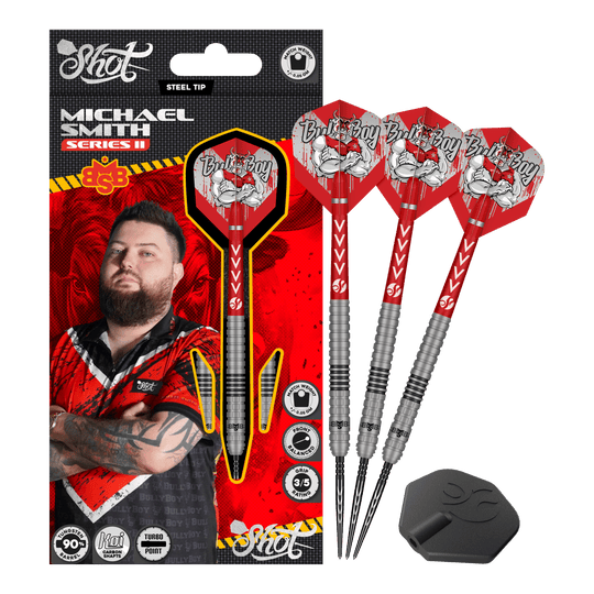 Ocelové šipky Shot Michael Smith Series 2 Turbo Point Das Bild zeigt die Shot Michael Smith Series 2 Turbo Point Steeldarts. Es sind hochwertige Steeldarts, die für den professionellen Gebrauch geeignet sind.