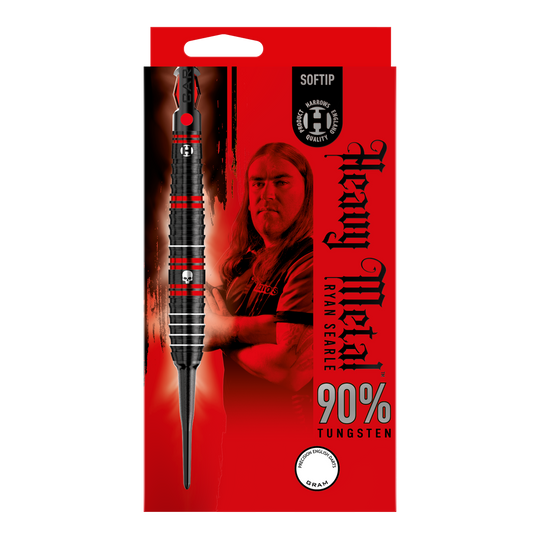 Die Verpackung zeigt die Harrows Ryan Searle Heavy Metal Softdarts mit einem Bild von Ryan Searle. Das Design hebt 90% Tungsten und ein auffälliges rot-schwarzes Farbschema hervor.
