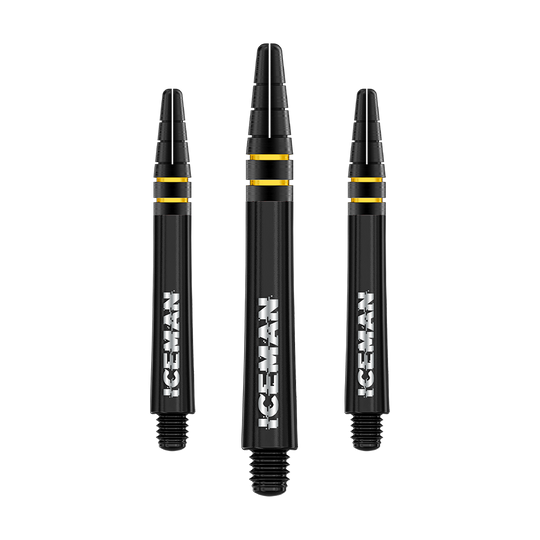 C818_Red_Dragon_Nitrotech_Gerwyn_Price_Shafts_Schwarz_39mm_1 Das Bild zeigt drei schwarze Dartschäfte mit goldenen Ringen und der weißen Aufschrift "ICEMAN". Es handelt sich um das Produkt "Red Dragon Nitrotech Gerwyn Price Shafts Schwarz - 39mm".