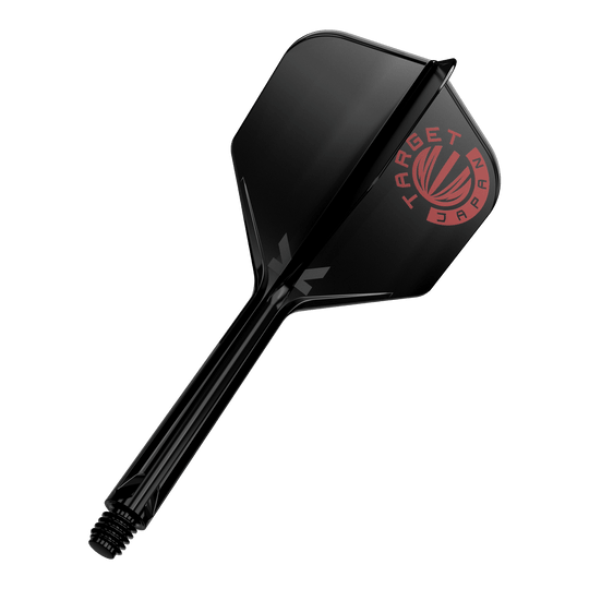 Das Bild zeigt einen schwarzen Dartshaft mit einer schwarzen Dartflügelfeder. Auf der Feder ist ein rotes Logo mit der Aufschrift "TARGET JAPAN" zu sehen.