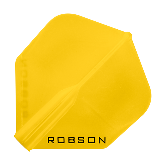 Das Bild zeigt ein gelbes Dartflight mit der Aufschrift "ROBSON". Das Flight hat eine Standardform und ist ein Zubehörteil für Darts.
