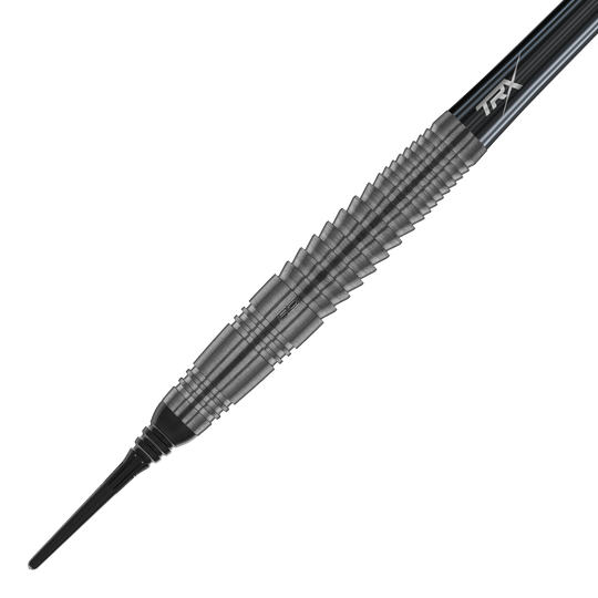 Das Bild zeigt einen Red Dragon Seren 4 Onyx Softdart mit einem Gewicht von 20g. Der Dart hat ein elegantes, schwarz-graues Design mit einer strukturierten Griffzone.