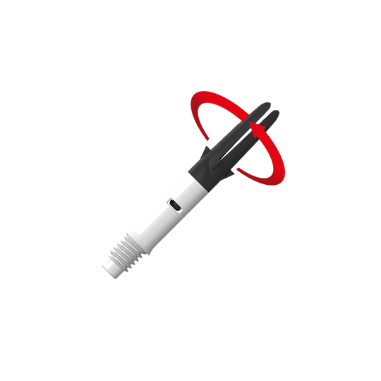 L-L-Style-Shaft Carbon Silent Straight - Bílá Das Bild zeigt einen weißen und schwarzen Dart-Schaft mit einem Gewinde am unteren Ende. Ein roter Pfeil deutet auf eine Drehbewegung des oberen Teils hin.