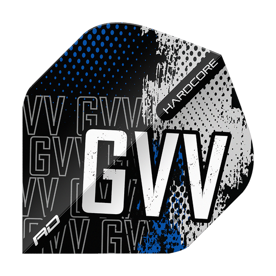 Das Bild zeigt ein Dartflight mit dem Design "Red Dragon Hardcore Gian Van Veen Blue Premium No2 Standard Flights". Das Flight ist überwiegend schwarz, blau und weiß mit dem großen Schriftzug "GVV" und dem Wort "HARDCORE" darauf.