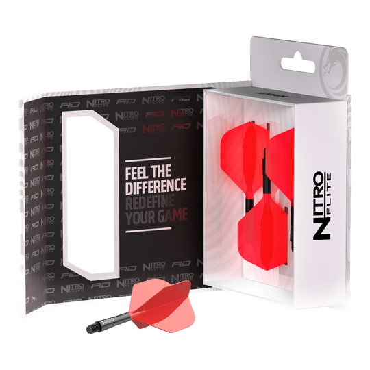 Hier ist das Produkt Red Dragon Nitro Flite - Black Shaft Red No2 Flights abgebildet. Es zeigt Dart-Flights in Rot und Schwarz mit schwarzem Schaft.