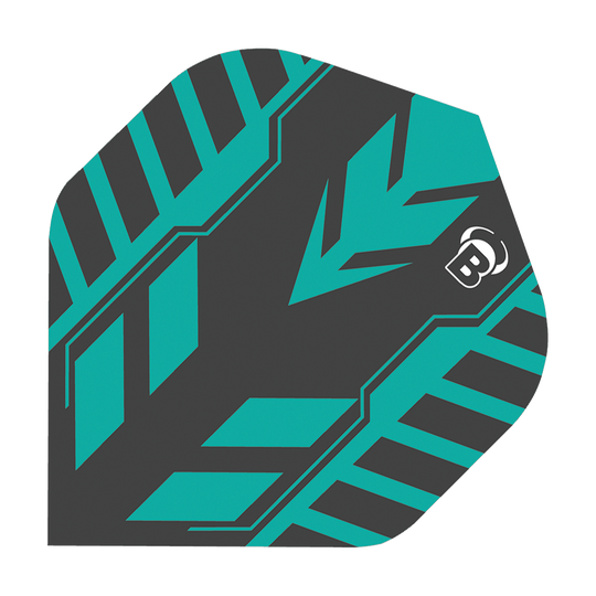 Standardní lety Bulls B-Star Veco No2 Das Bild zeigt ein Dart-Flight des Modells "Bulls B-Star Veco No2 Standard Flights". Das Flight hat ein modernes Design in Schwarz und Türkis mit einem auffälligen Muster und einem kleinen weißen "B"-Logo.