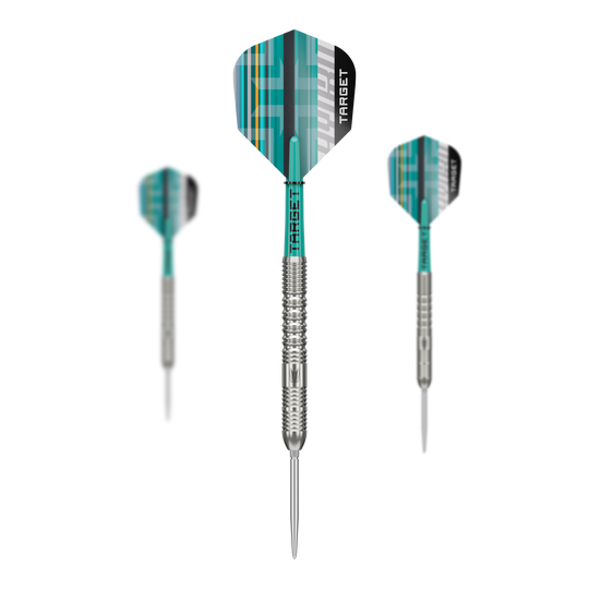 Abgebildet ist das Set der Target Hydro 01 Swiss Point Steeldarts. Das Set enthält mehrere hochwertige Darts für anspruchsvolle Spieler.