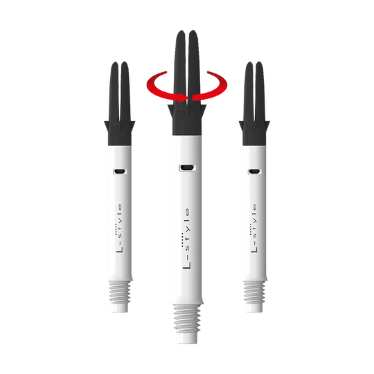 L-L-Style-Shaft Carbon Silent Straight - Bílá Auf dem Bild sind drei weiße Dartschäfte der Marke L-Style mit schwarzen Spitzen zu sehen. Über dem mittleren Schaft ist ein roter Pfeil, der auf eine Drehbewegung hinweist.