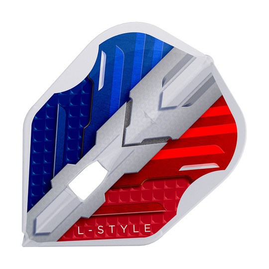 Letky L-Style V Series V1 Type B France Clear White L3PRO Das Bild zeigt das Produkt "L-Style V-Series V1 Type B France Clear White L3PRO Flights". Die Dart-Flight ist in den Farben Blau, Weiß und Rot gestaltet und trägt die Aufschrift "L-STYLE".