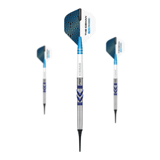 Red Dragon Gerwyn Price Avalanche Pro Softdarts - 20g Das Bild zeigt drei Softdarts des Modells "Red Dragon Gerwyn Price Avalanche Pro" mit einem Gewicht von 20g. Die Darts sind silberfarben mit blauen Akzenten und haben Flights mit weiß-blauem Muster.