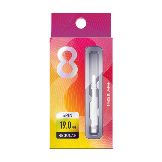 Die Abbildung zeigt eine Packung "8 Flight Regular Spin White Shafts". Die Verpackung ist bunt gestaltet und enthält einen weißen Schaft mit der Länge von 19,0 mm.