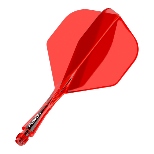 Das Bild zeigt ein rotes Dartflight- und Shafts-System. Es handelt sich um das Winmau Fusion Flight Shaft System in Standardgröße mit einer Länge von 22 mm.