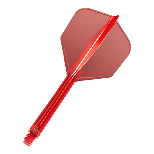 Letový systém Target K-Flex No6 - červený Das Bild zeigt einen roten Dart-Flügel mit Schaft aus Kunststoff. Er hat eine sechseckige Form und ein Schraubgewinde am Ende.