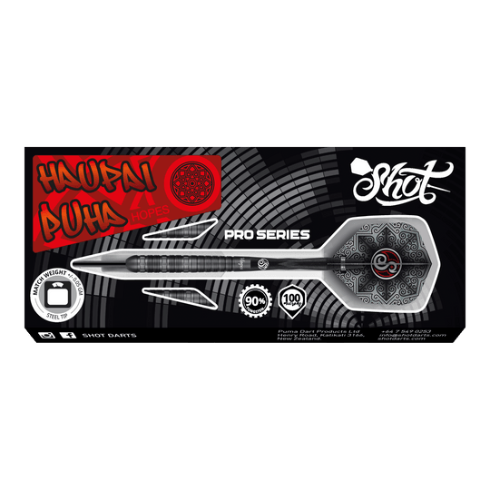 Šipky Shot Pro-Series Haupai Puha 2 ocelové - 24g Das Bild zeigt die Verpackung der Shot Pro-Series Haupai Puha 2 Steeldarts mit 24g Gewicht. Die Verpackung ist schwarz mit auffälligen roten und weißen Designelementen sowie einem großen Bild eines Steeldarts.