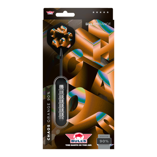 Abgebildet sind die Bulls NL Chaos Orange Steeldarts, 23 Gramm schwer. Die Darts kombinieren sportliche Leistung mit auffälligem Design.