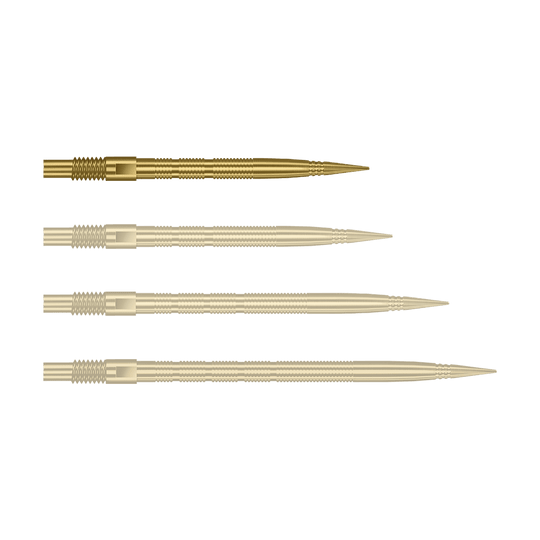 Špičky na šipky Harrows Quick Point Micro Ridge - zlaté Abgebildet sind goldene MicroRidge Dartspitzen mit einer Länge von 26 mm. Das Produkt ist vermutlich von Harrows, Modell Quick Point.