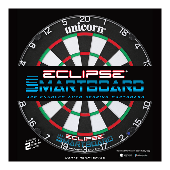Ocelový terč Unicorn Eclipse Smartboard Das Bild zeigt das Produkt "Unicorn Eclipse Smartboard Steeldartboard". Es handelt sich um eine App-unterstützte Steeldart-Scheibe mit automatischer Punkteauswertung.