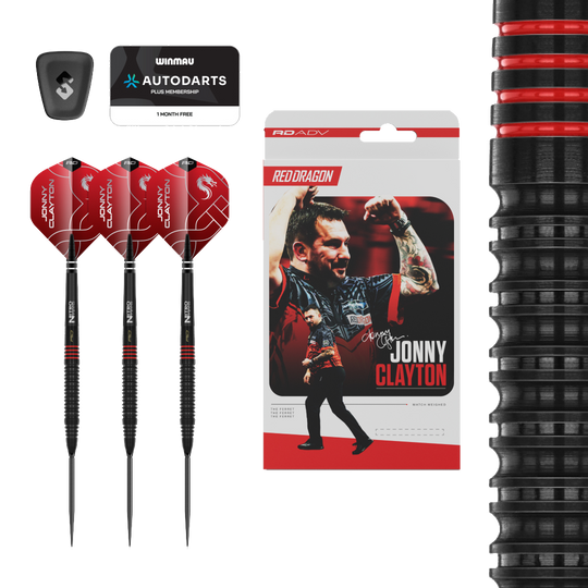 Šipky Red Dragon Jonny Clayton RD-ADV Switch Point ocelové Abgebildet ist ein Set Red Dragon Jonny Clayton RD-ADV Switch Point Steeldarts. Die Darts sind deutlich zu erkennen und die Beschriftung ist lesbar.